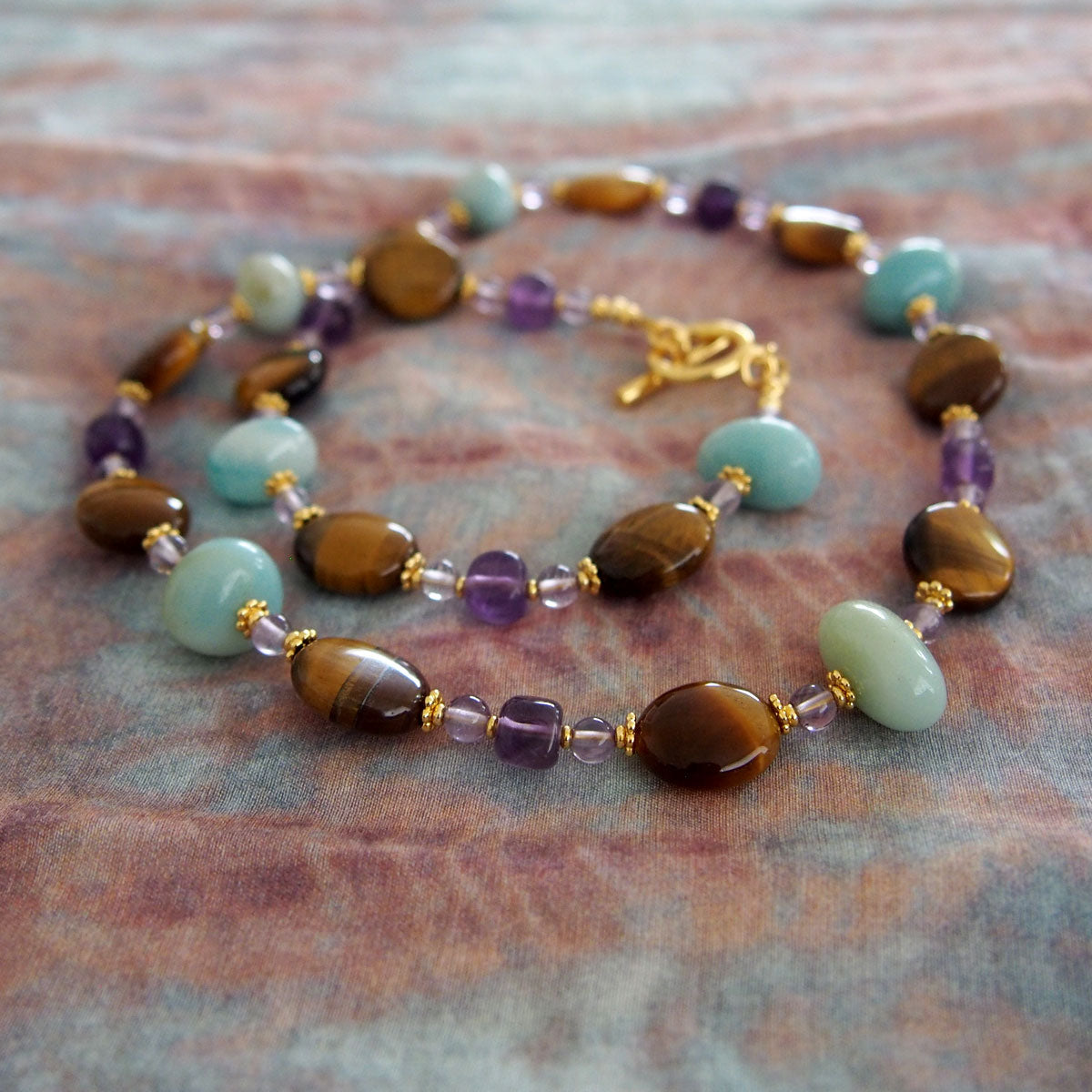 Tiger’s eye, Amazonite, Amethyst Necklace- Courage