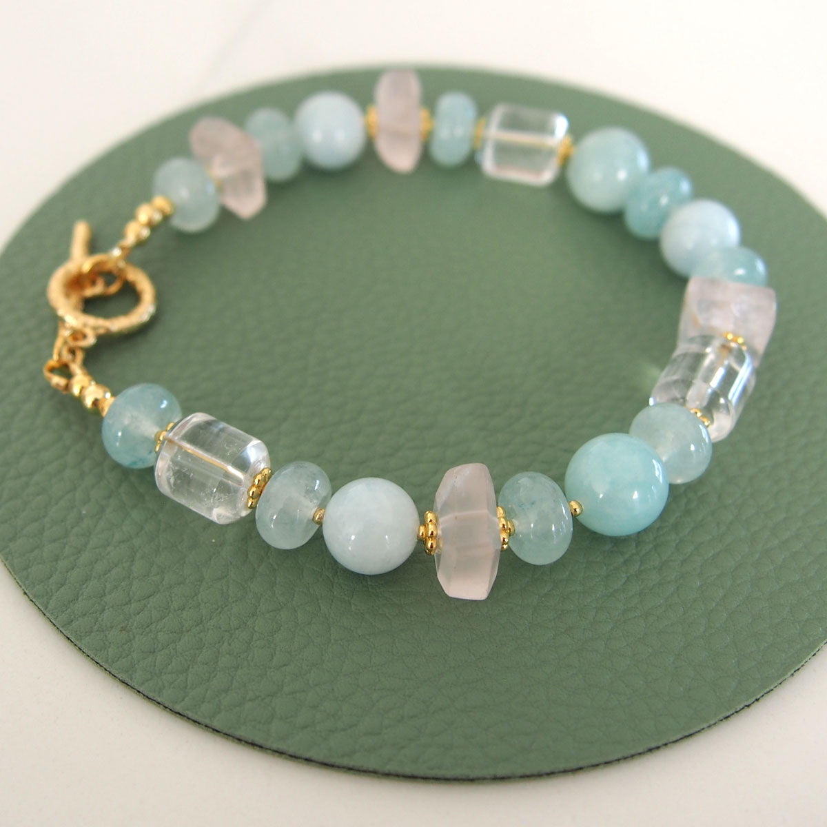 Rose Quartz, Rock Crystal, Amazonite, Beryl, Chalcedony Bracelete- Romance
