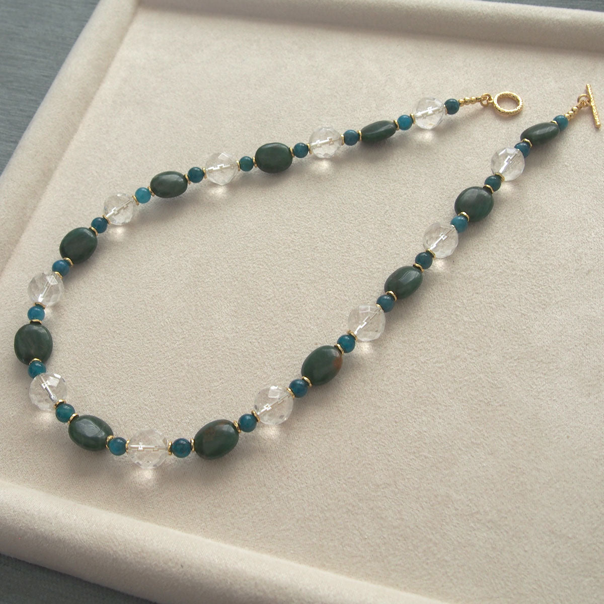 Rock crystal,  Jade(oval),  Apatite Necklace-Blue Spring