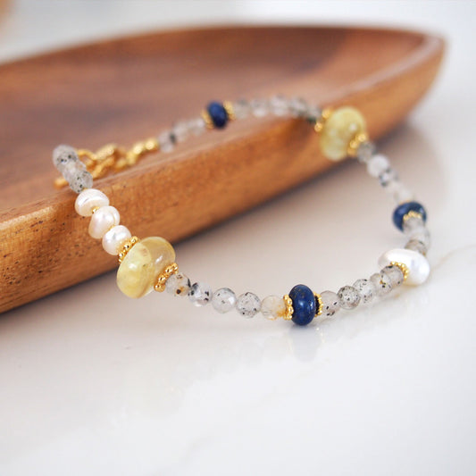 Lepidolite, Pearls, Lapis Lazuli, Quartz Rutilated Bracelet- Power