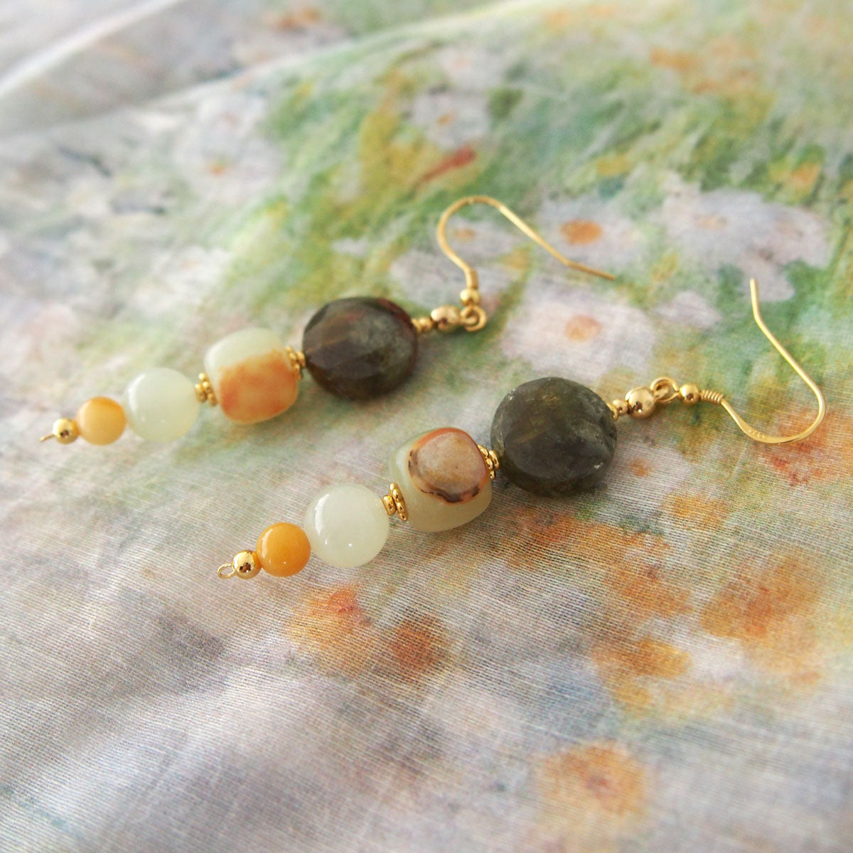 Garnet, Serpentine Jade, Calcite, Quartzose Jade Earrings-Vitality