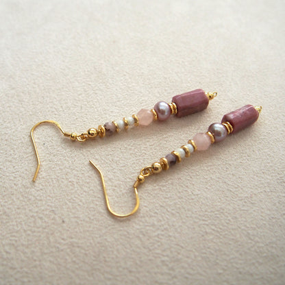 Rhodonite, Pearls, Morganite, Common Opal Earrings–Rosa multiflora