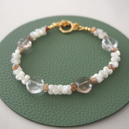 Smoky Quartz, Rock Crystal, Shell beads Bracelet- Snowberry