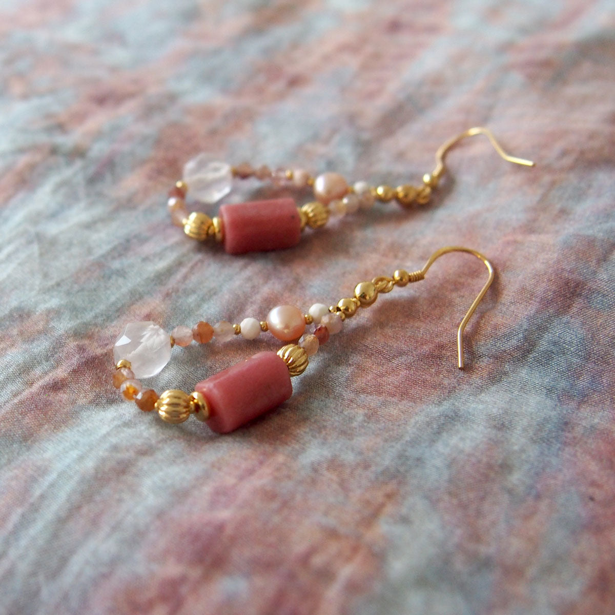 Rhodonite, Rock Crystal, Pearls, Sakura agate Earrings- Love