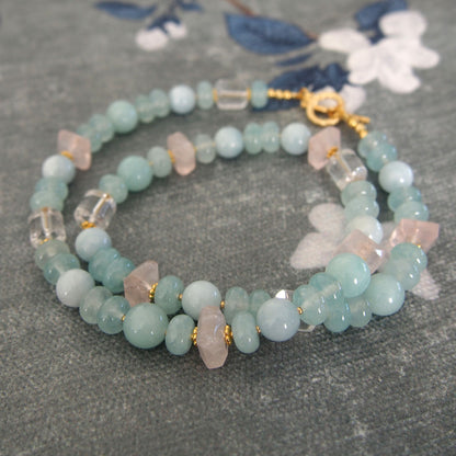 Rose Quartz, Rock Crystal, Amazonite, Beryl, Chalcedony Necklace- Romance