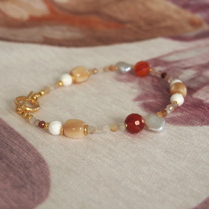 Pearls, Shell beads, Agate, Sunstone Bracelet- Red sun