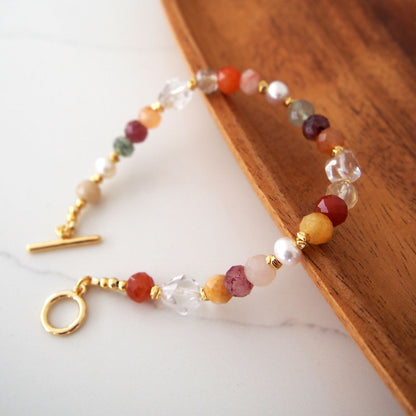 Agate, Pearls, Quartz Rutilated, Rock Crystal, Strawberry Quartz Bracelet- Vigour