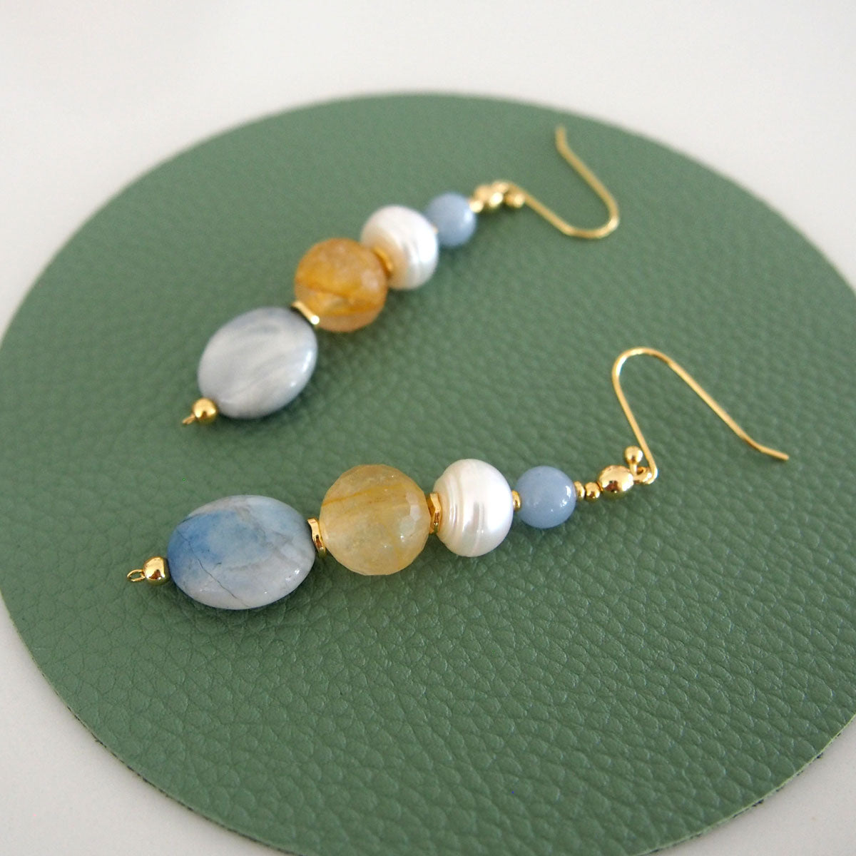 Magnesite, Pearls, Inclusion Quartz, Blue Anhydrite Earrings-Sky
