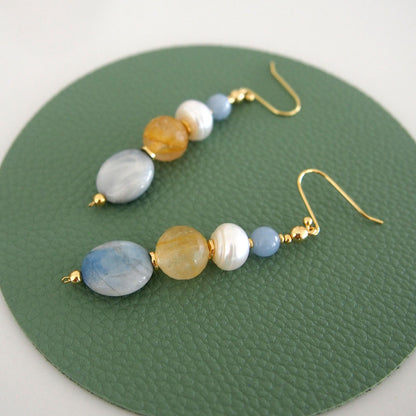 Magnesite, Pearls, Inclusion Quartz, Blue Anhydrite Earrings-Sky