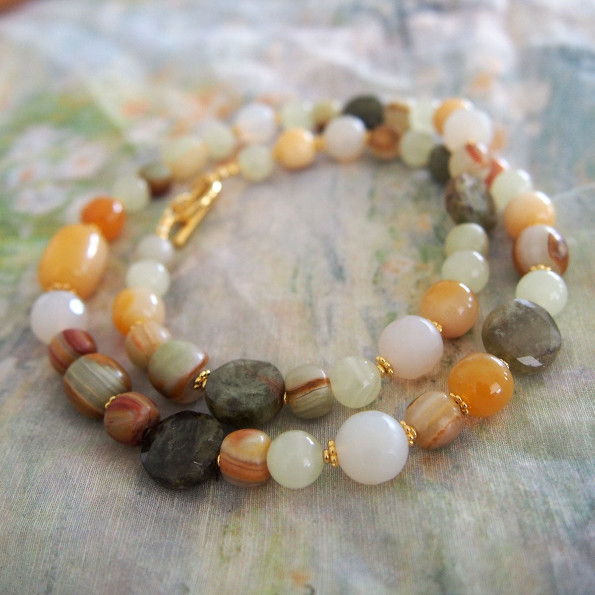 Quartzose Jade, Garnet, Agate, Serpentine Jade, Calcite Necklace-Vitality