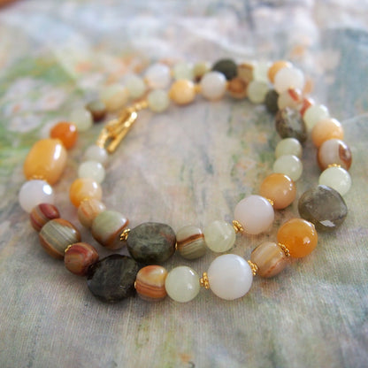 Quartzose Jade, Garnet, Agate, Serpentine Jade, Calcite Necklace-Vitality