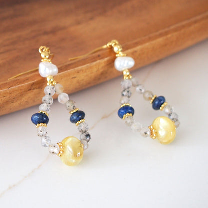 Lepidolite, Pearls, Lapis Lazuli, Quartz Rutilated Earrings- Power
