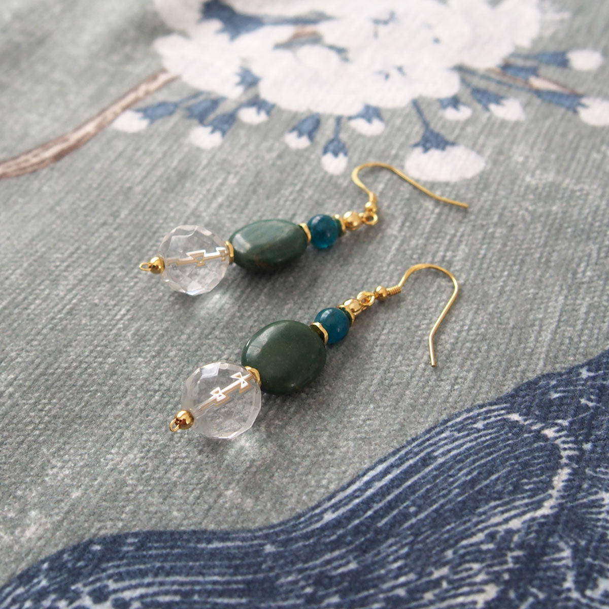Rock crystal,  Jade(oval),  Apatite Earrings-Blue Spring