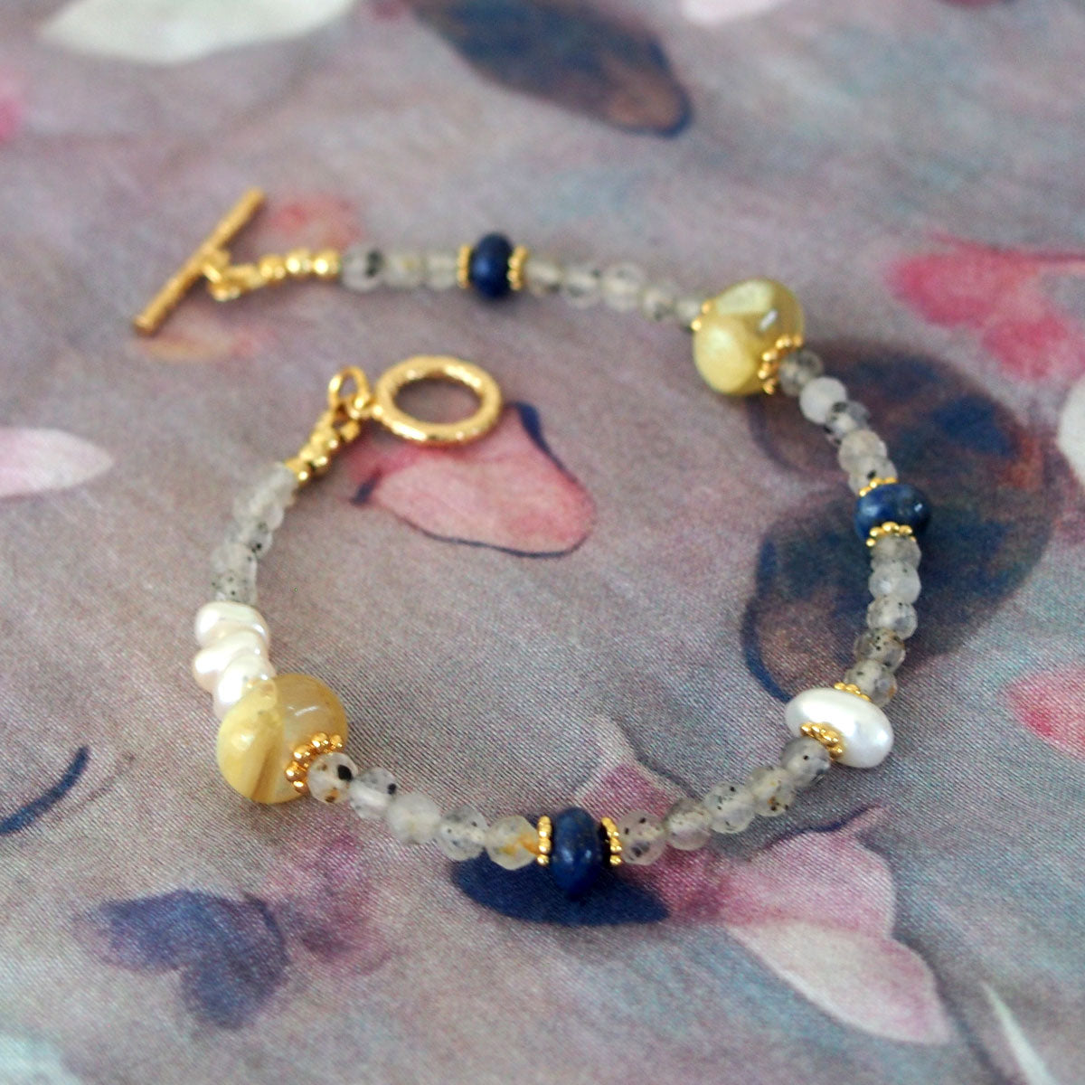 Lepidolite, Pearls, Lapis Lazuli, Quartz Rutilated Bracelet- Power