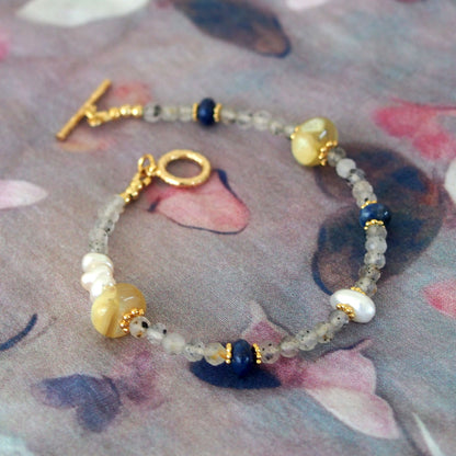 Lepidolite, Pearls, Lapis Lazuli, Quartz Rutilated Bracelet- Power