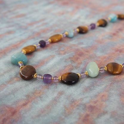 Tiger’s eye, Amazonite, Amethyst Necklace- Courage