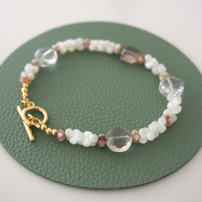 Smoky Quartz, Rock Crystal, Shell beads Bracelet- Snowberry