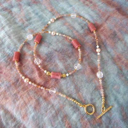 Rhodonite, Rock Crystal, Pearls, Sakura agate Necklace- Love