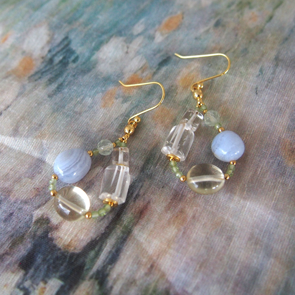 Lemon Quartz, Chalcedony, Rock Crystal, Prehnite Earrings- Source