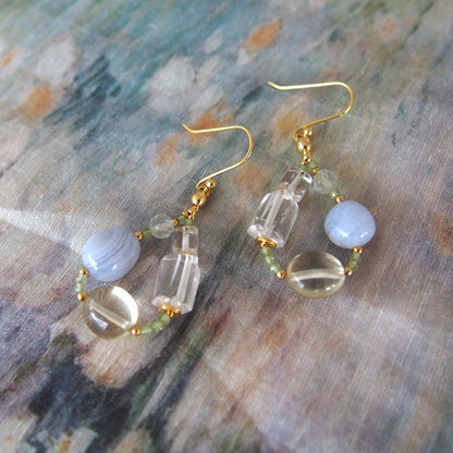 Lemon Quartz, Chalcedony, Rock Crystal, Prehnite Earrings- Source