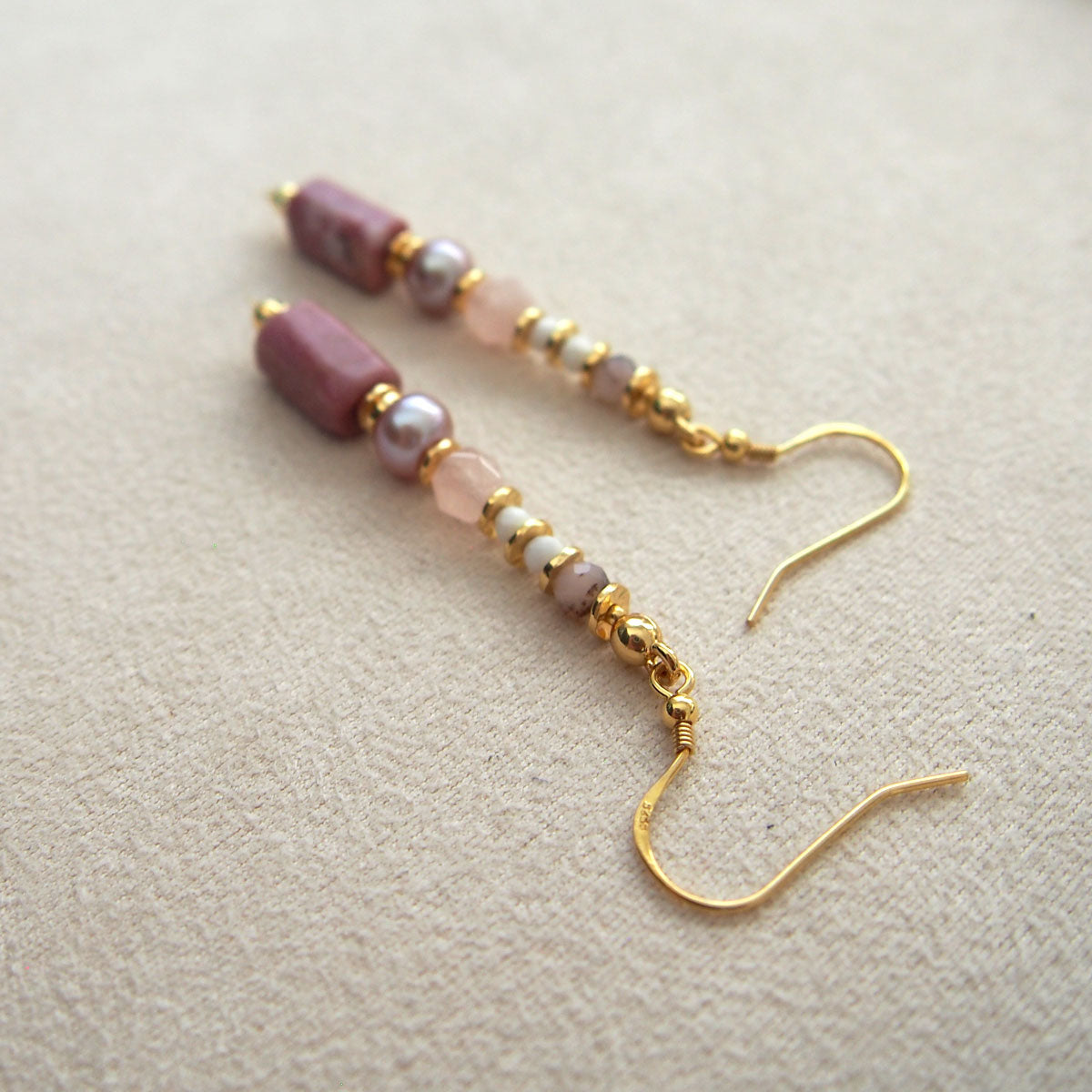 Rhodonite, Pearls, Morganite, Common Opal Earrings–Rosa multiflora