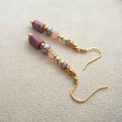 Rhodonite, Pearls, Morganite, Common Opal Earrings–Rosa multiflora