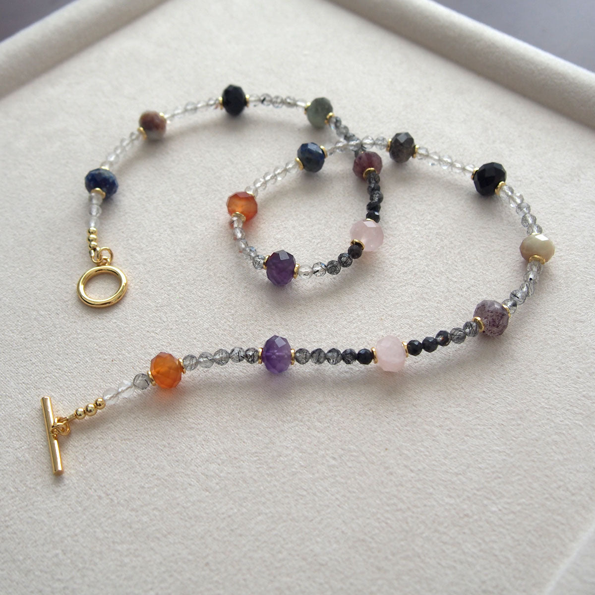 Agate, Amethyst, Lapis Lazuli, Quartz Rutilated, Rose Quartz, Strawberry Quartz Necklace- Abundance