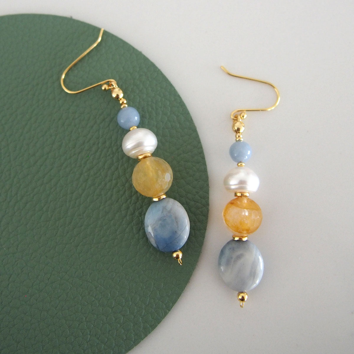 Magnesite, Pearls, Inclusion Quartz, Blue Anhydrite Earrings-Sky