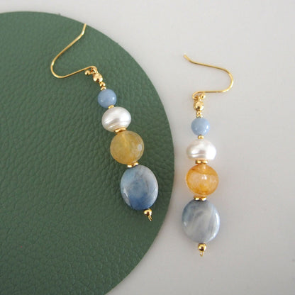 Magnesite, Pearls, Inclusion Quartz, Blue Anhydrite Earrings-Sky