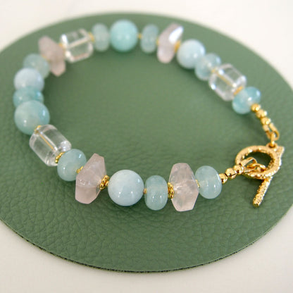 Rose Quartz, Rock Crystal, Amazonite, Beryl, Chalcedony Bracelete- Romance