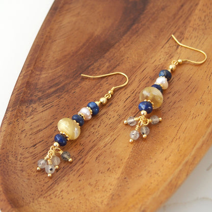 Lepidolite, Pearls, Lapis Lazuli, Quartz Rutilated Earrings- Power