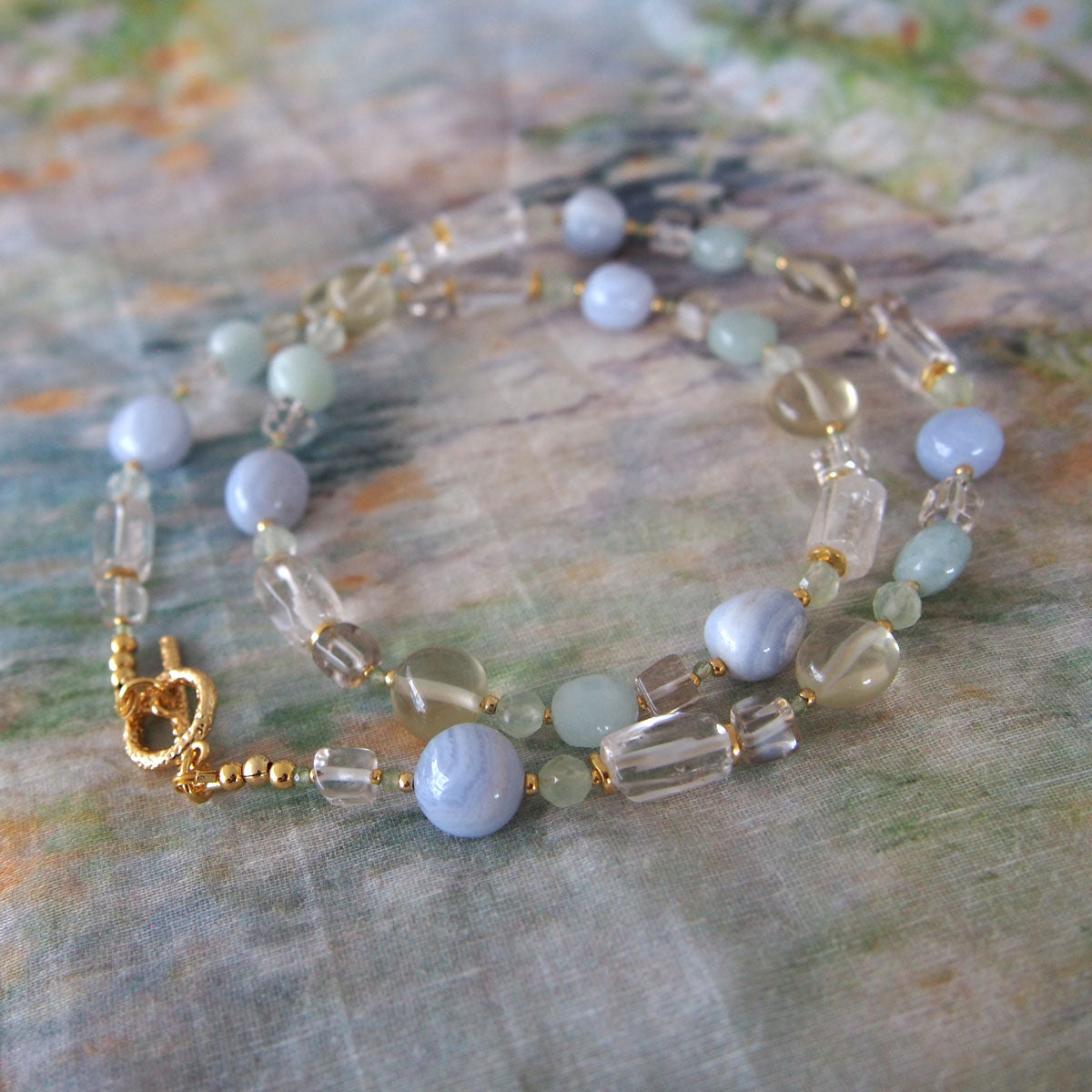 Lemon Quartz, Chalcedony, Rock Crystal, Beryl, Prehnite Necklace- Source