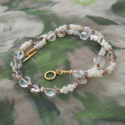 Smoky Quartz, Rock Crystal, Shell beads Necklace- Snowberry