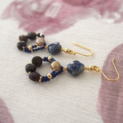 Lapis Lazuli, Bronzite, Pearls Earrings- Night Sky