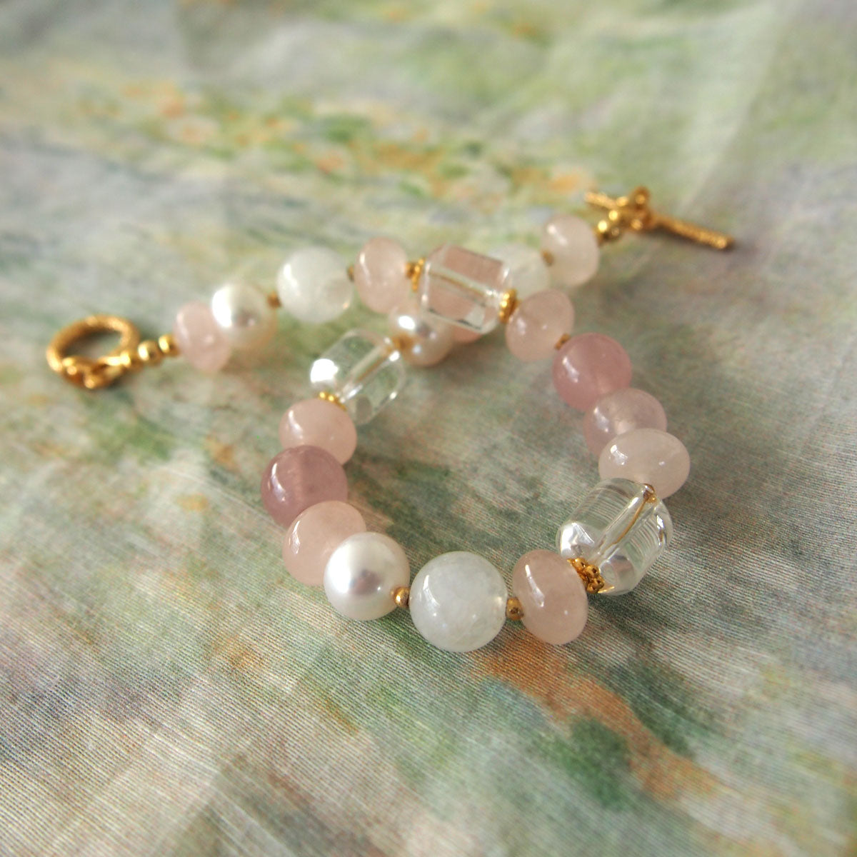 Rock Crystal, Moonstone, Rose Quartz, Pearls Bracelet- Romance