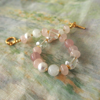 Rock Crystal, Moonstone, Rose Quartz, Pearls Bracelet- Romance