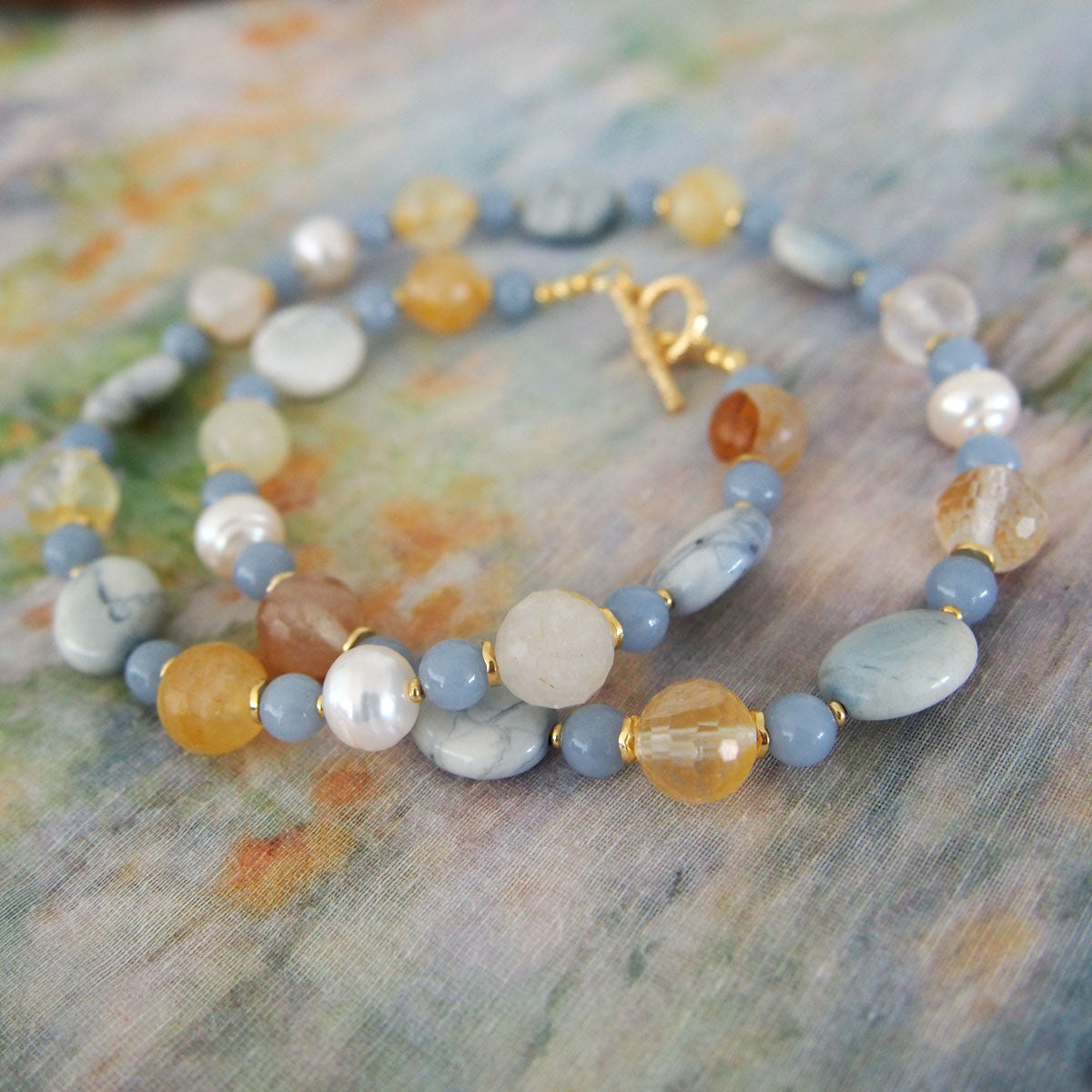 Magnesite, Pearls, Inclusion Quartz, Blue Anhydrite Necklace-Sky