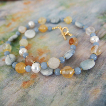 Magnesite, Pearls, Inclusion Quartz, Blue Anhydrite Necklace-Sky