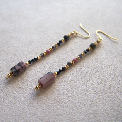 Rhodonite, Tourmaline(black), Rhodochrosite, Lolite Earrings–Dangerous tenderness