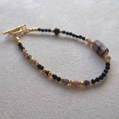 Rhodonite, Tourmaline(black), Opal(common), Rhodochrosite, Lolite Bracelet–Dangerous tenderness