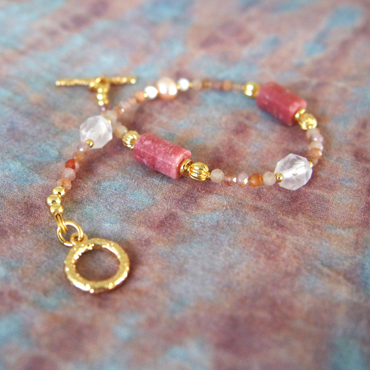 Rhodonite, Rock Crystal, Pearls, Sakura agate Bracelet- Love