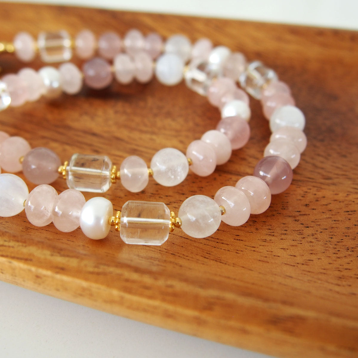 Rock Crystal, Moonstone, Rose Quartz, Pearls Necklace- Romance