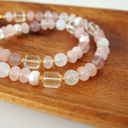 Rock Crystal, Moonstone, Rose Quartz, Pearls Necklace- Romance