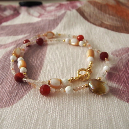 Pearls, Shell beads, Agate, Sunstone Necklace- Red sun