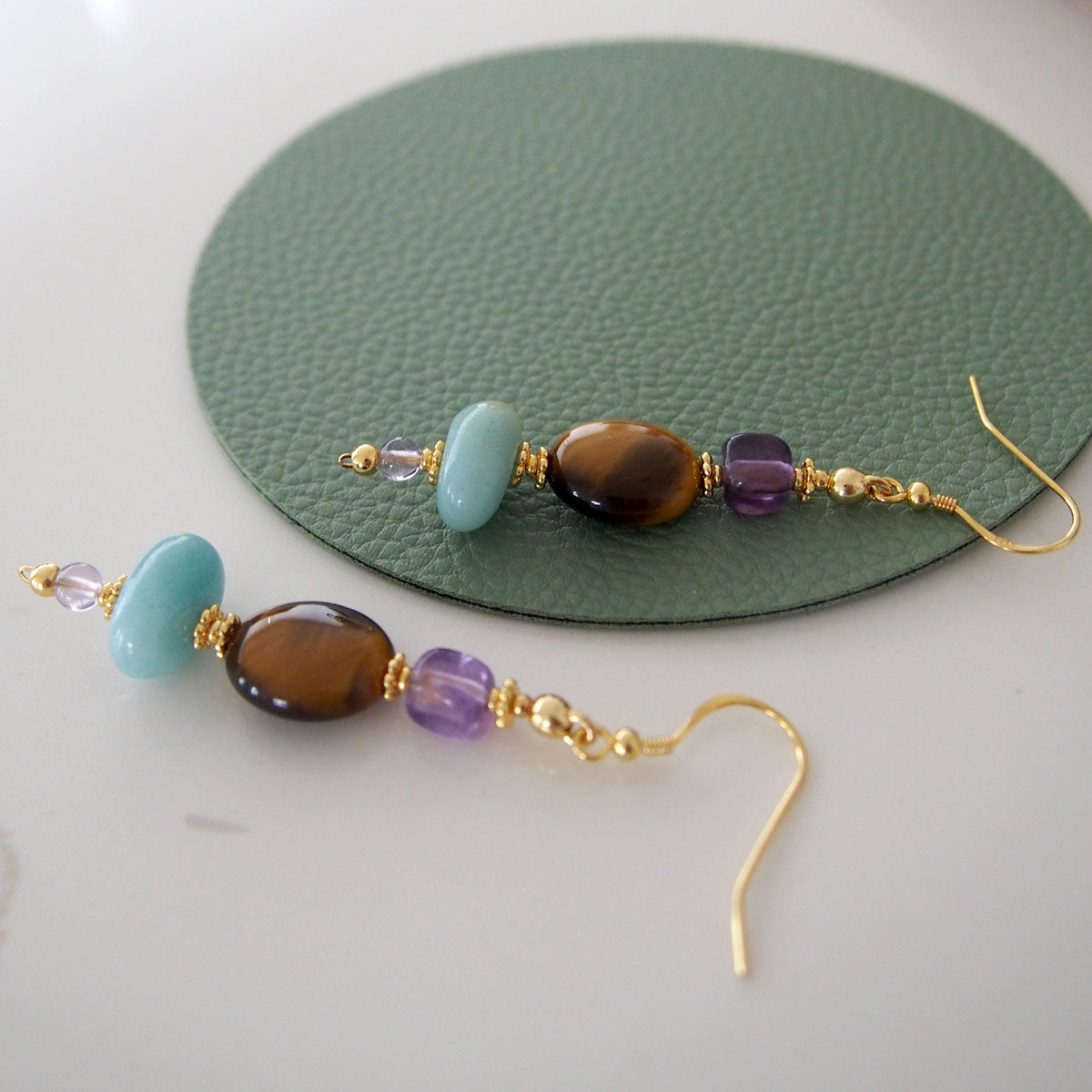 Tiger’s eye, Amazonite, Amethyst Earrings- Courage
