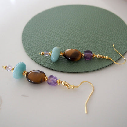 Tiger’s eye, Amazonite, Amethyst Earrings- Courage