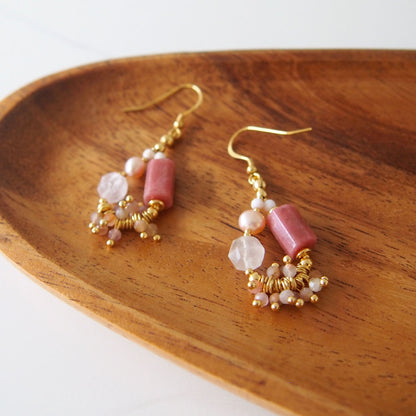 Rhodonite, Rock Crystal, Pearls Sakura agate Earrings- Love