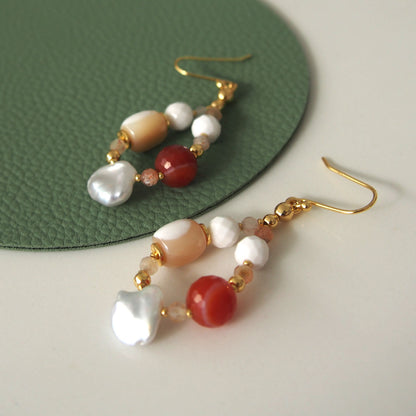 Pearls, Shell beads, Agate, Sunstone Earrings- Red sun