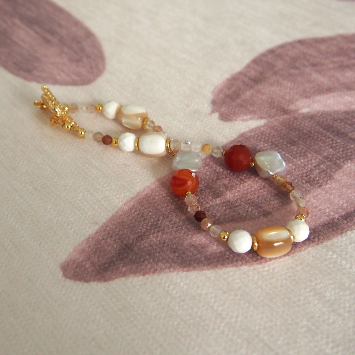 Pearls, Shell beads, Agate, Sunstone Bracelet- Red sun