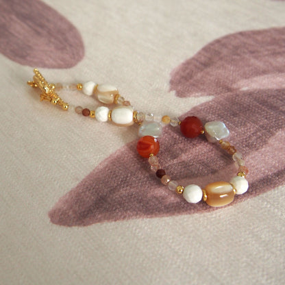 Pearls, Shell beads, Agate, Sunstone Bracelet- Red sun
